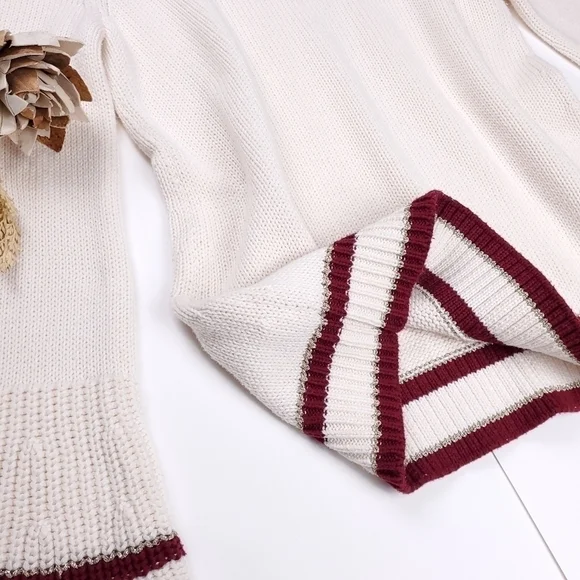 New Loft Cream Red Trim Gold Button Bell Sleeve Sweater Sz Xs - Picture 4 of 14